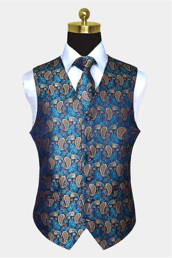 Teal Paisley Men Prom Vest Suit Online