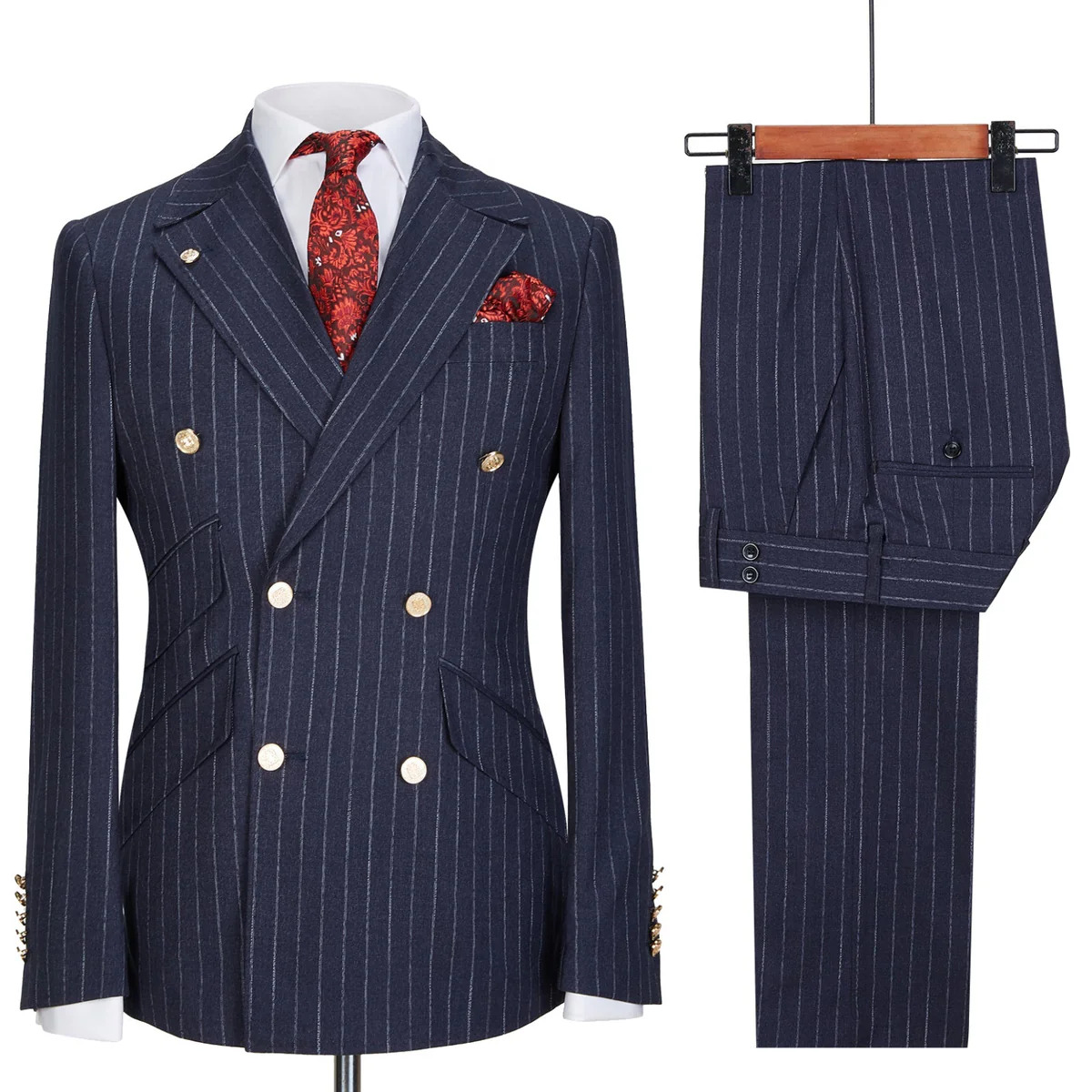 Navy Blue Lapel Gold Button Double-Breasted Striped Two-Piece Suit