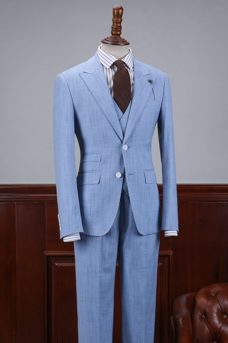 Adonis New Sky Blue Plaid Three Flip Business Suit