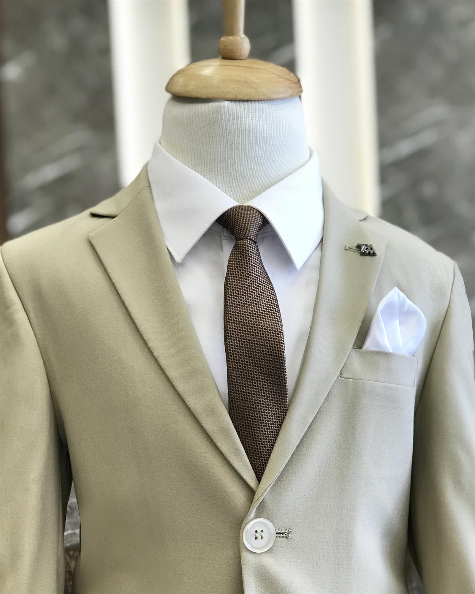 Beige Slim Fit Boys' Suit with Notch Lapel