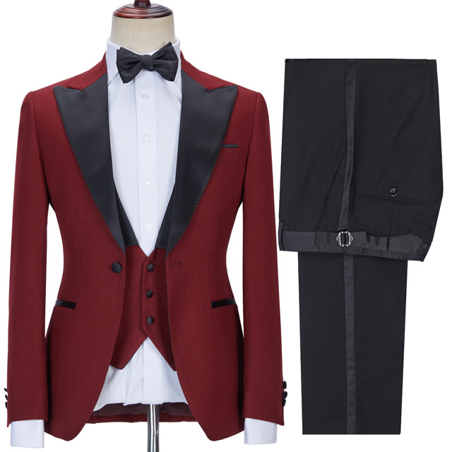 Trendy Red Three Piece Best Fitting Point Lapel Prom Suit