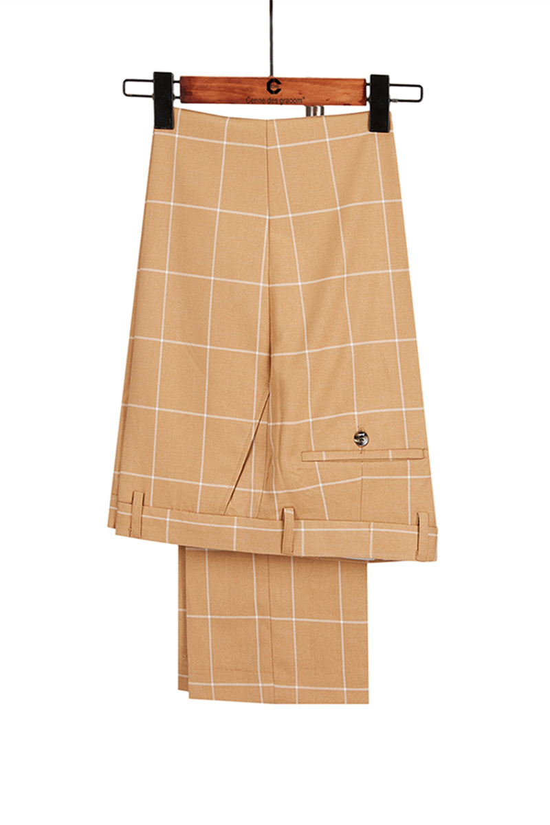 Peak Lapel Flap Pockets Double-Breasted Plaid Orange Business Suit