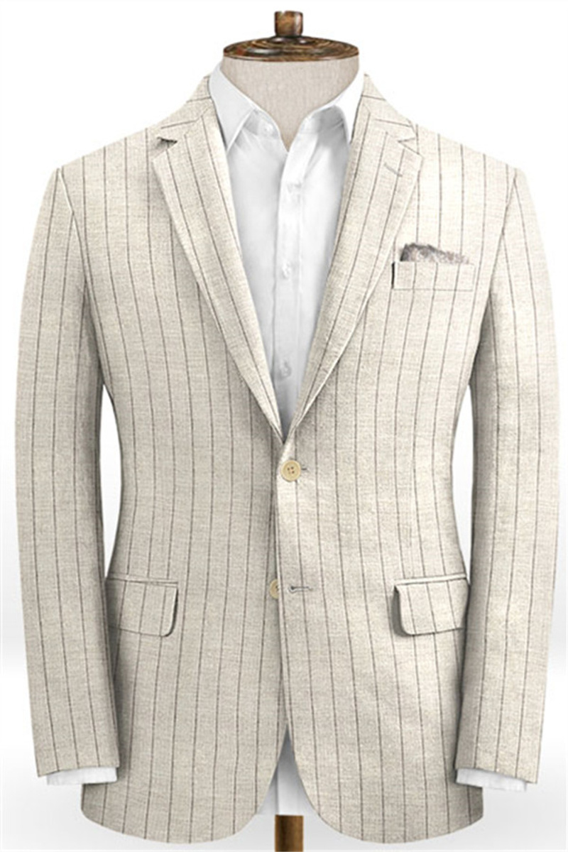 Light Champagne Two-Piece Striped Tuxedo Linen Summer Beach Groom Suit