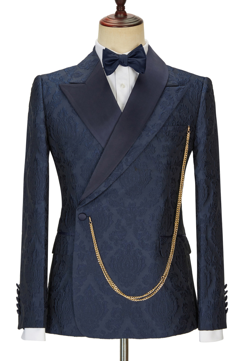Brandon Navy Slim Fit Jacquard Point Lapel Wedding Suit