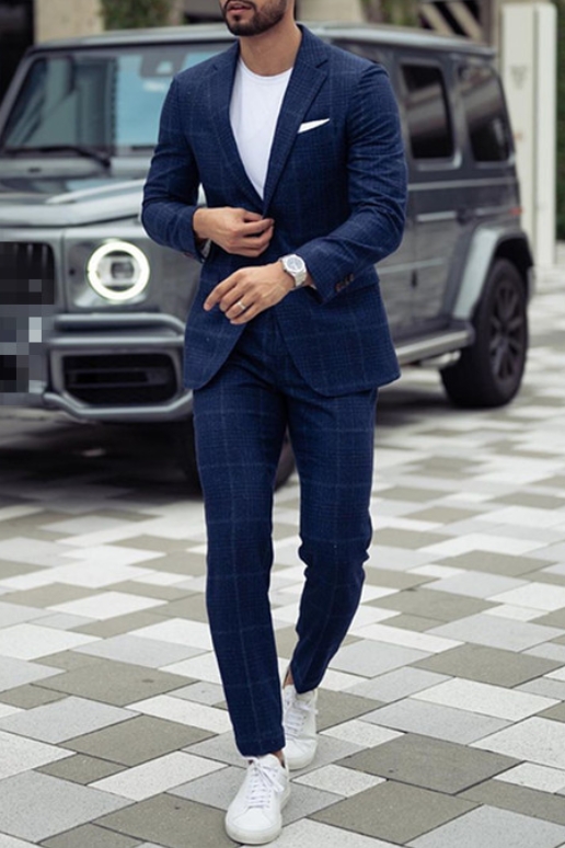 Calvin Dark Navy Check Notched Lapel Men Suit