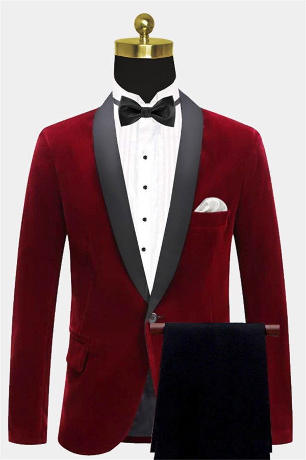 Burgundy Velvet Blazer Jacket Two-Piece Shawl Lapel Suit