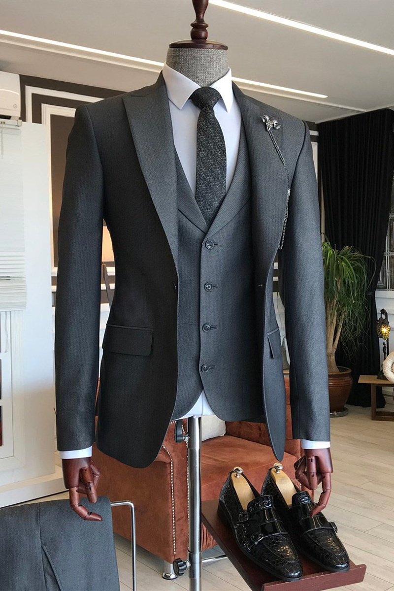 Dark Grey Point Lapel Three-Piece Business Suit