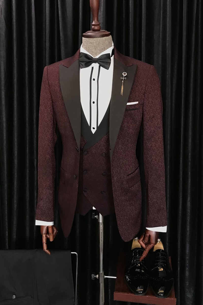 Barry Modern Burgundy Three-Piece Jacquard Lapel Wedding Suit