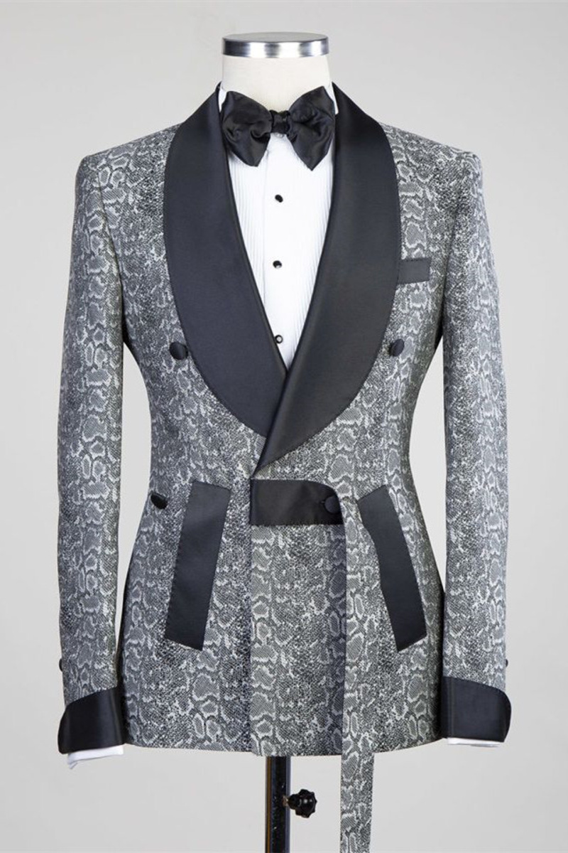 Khalil Grey Double-Breasted Jacquard Wedding Suit with Black Lapel