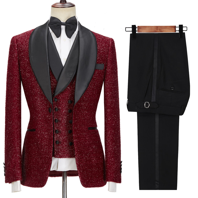 Damon Sparkle Red Three-Piece Wedding Suit with Black Shawl Lapel