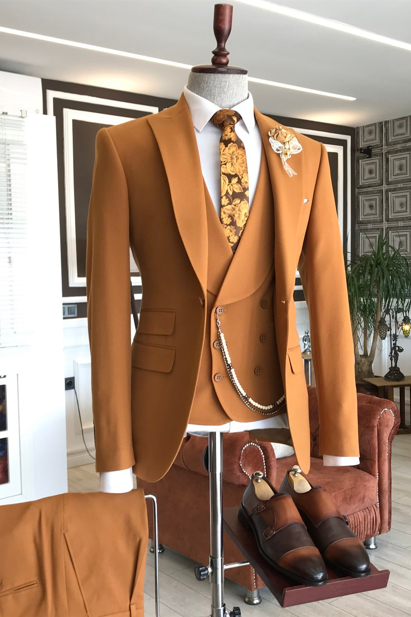 Jacob Stylish Orange Point Lapel Double Breasted Vest Tailored Prom Suit For Men