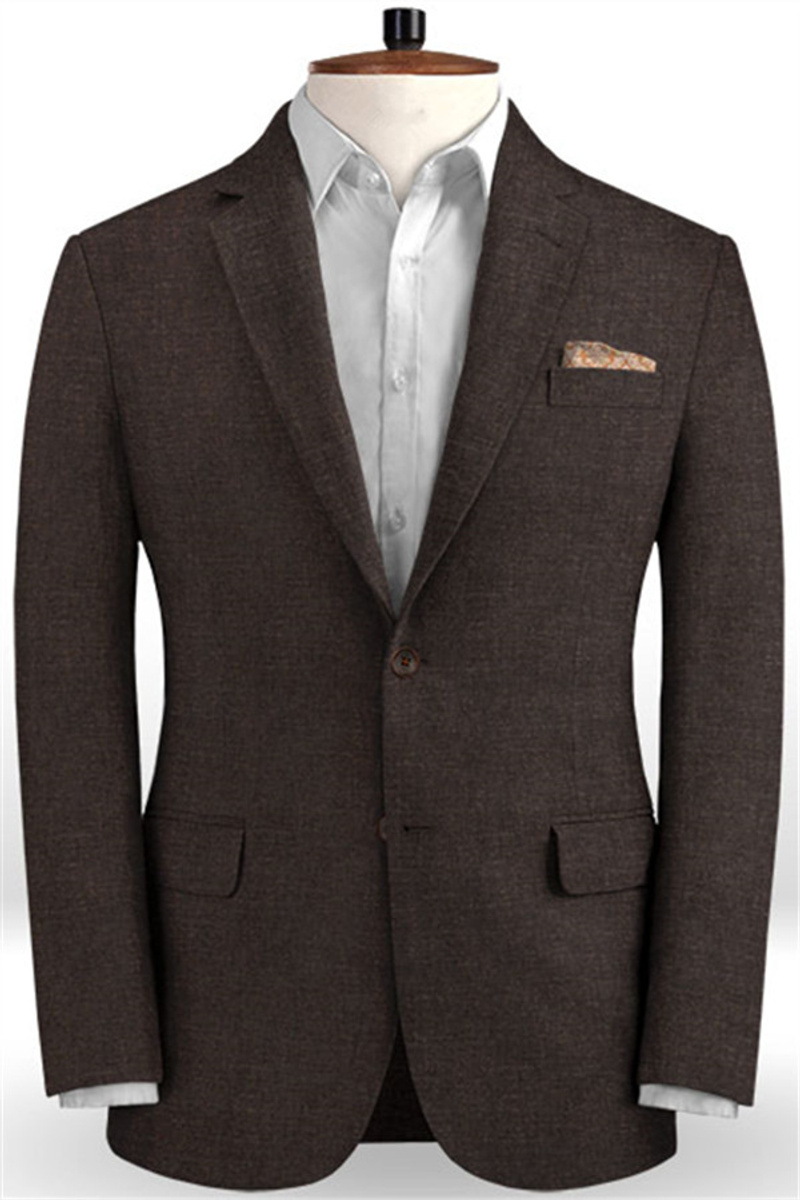 Brown Slim Fit Tuxedo with Bangs Two-Piece Linen Business Suit