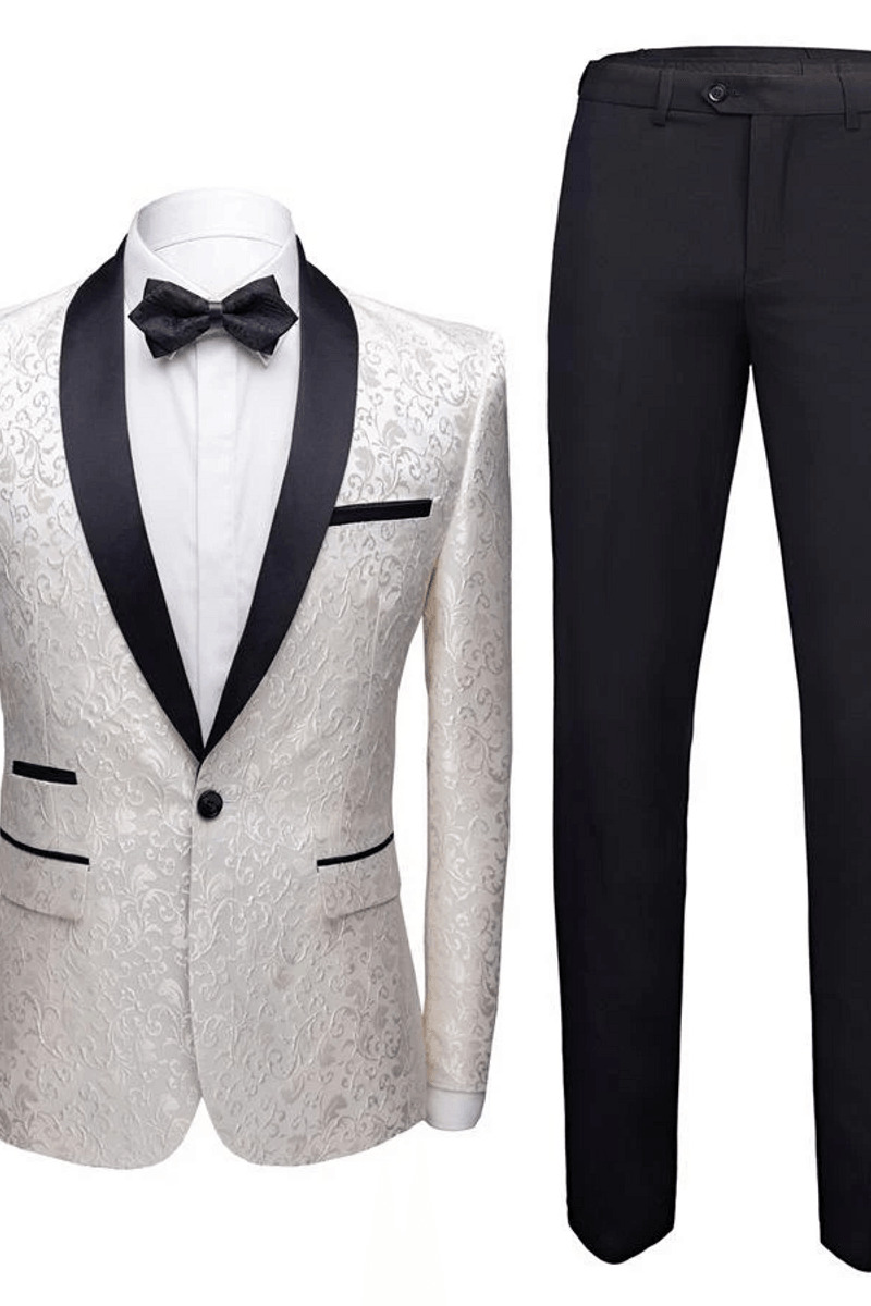 White Jacquard One-Button Wedding Tuxedo Black Shawl Lapel