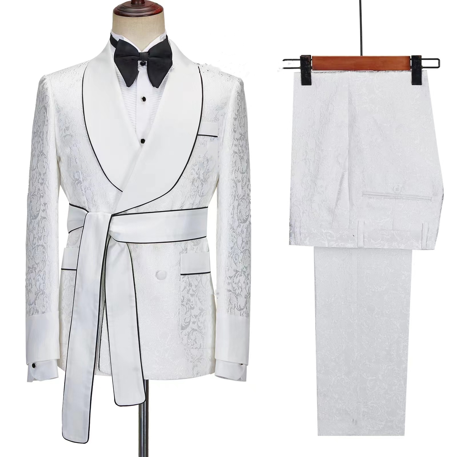 Elegant White Men's Robe Set with Shawl Collar Belted Banquet Suit