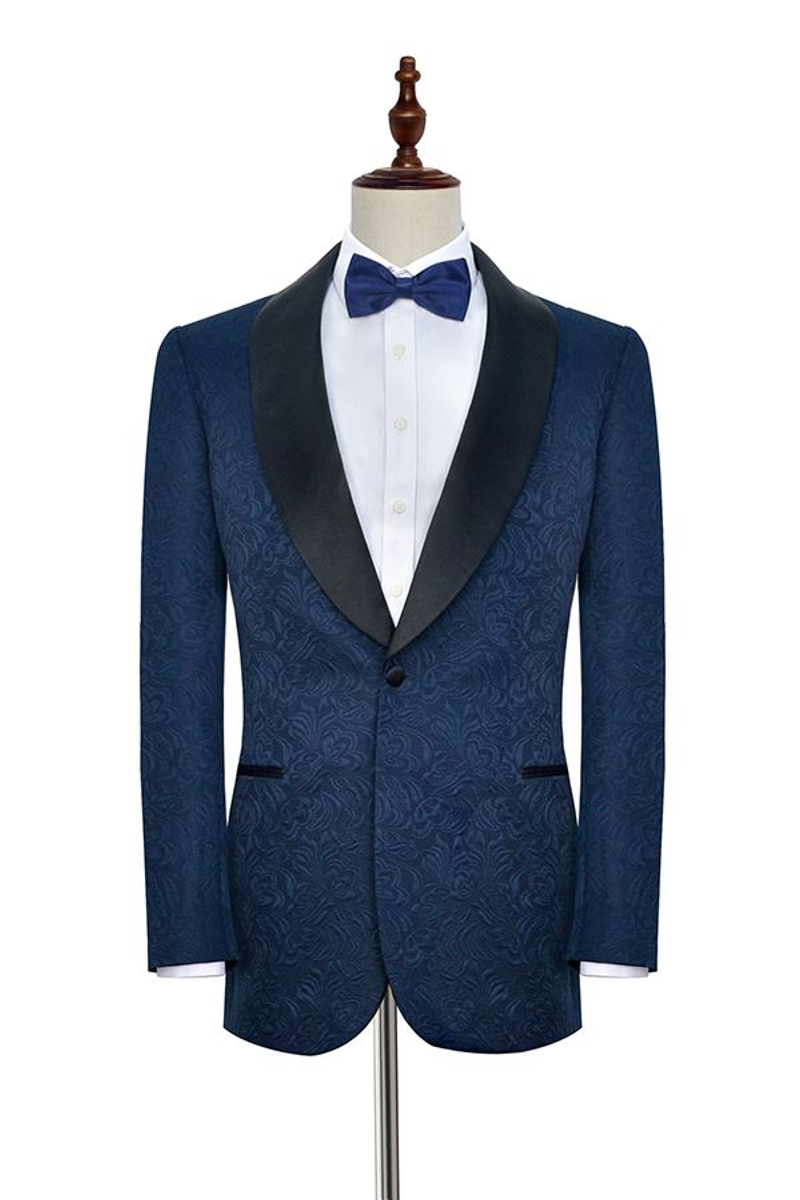 Bennett Navy Blue Wedding Suit Jacquard Black Silk Shawl Lapel Prom Suit