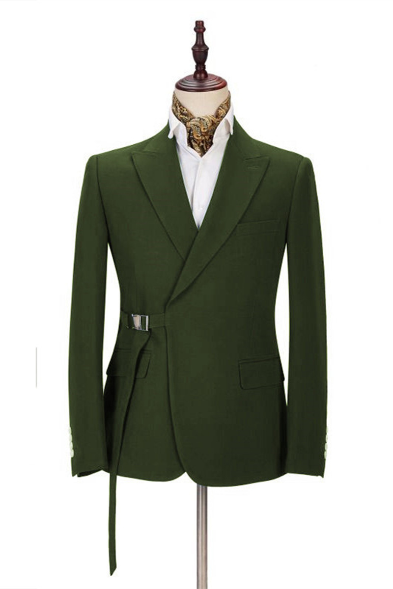 Olive Green Custom Peak Lapel Prom Suit