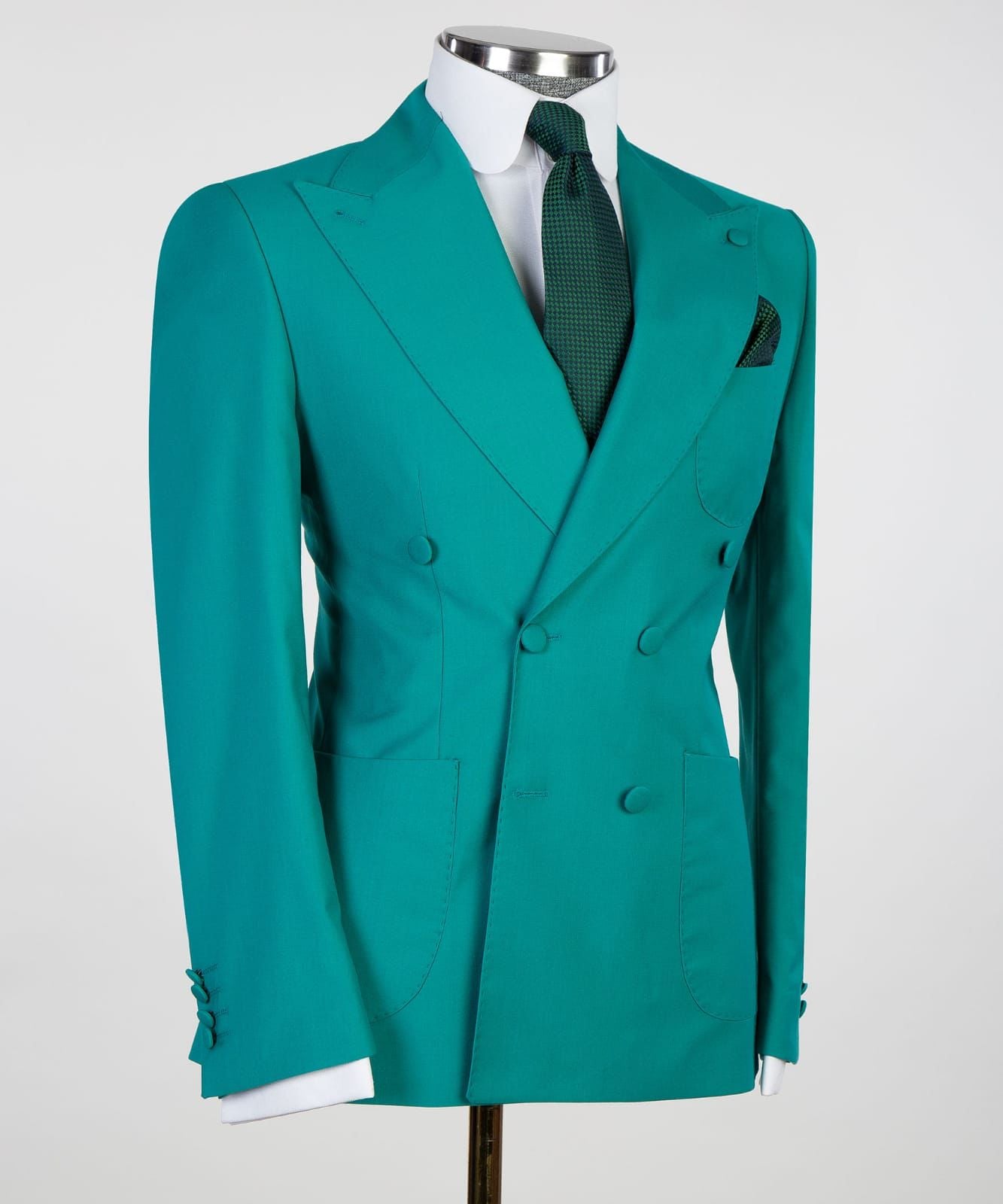 Chic Green Fitted Two-Piece Double Breasted Point Neck Prom Suit