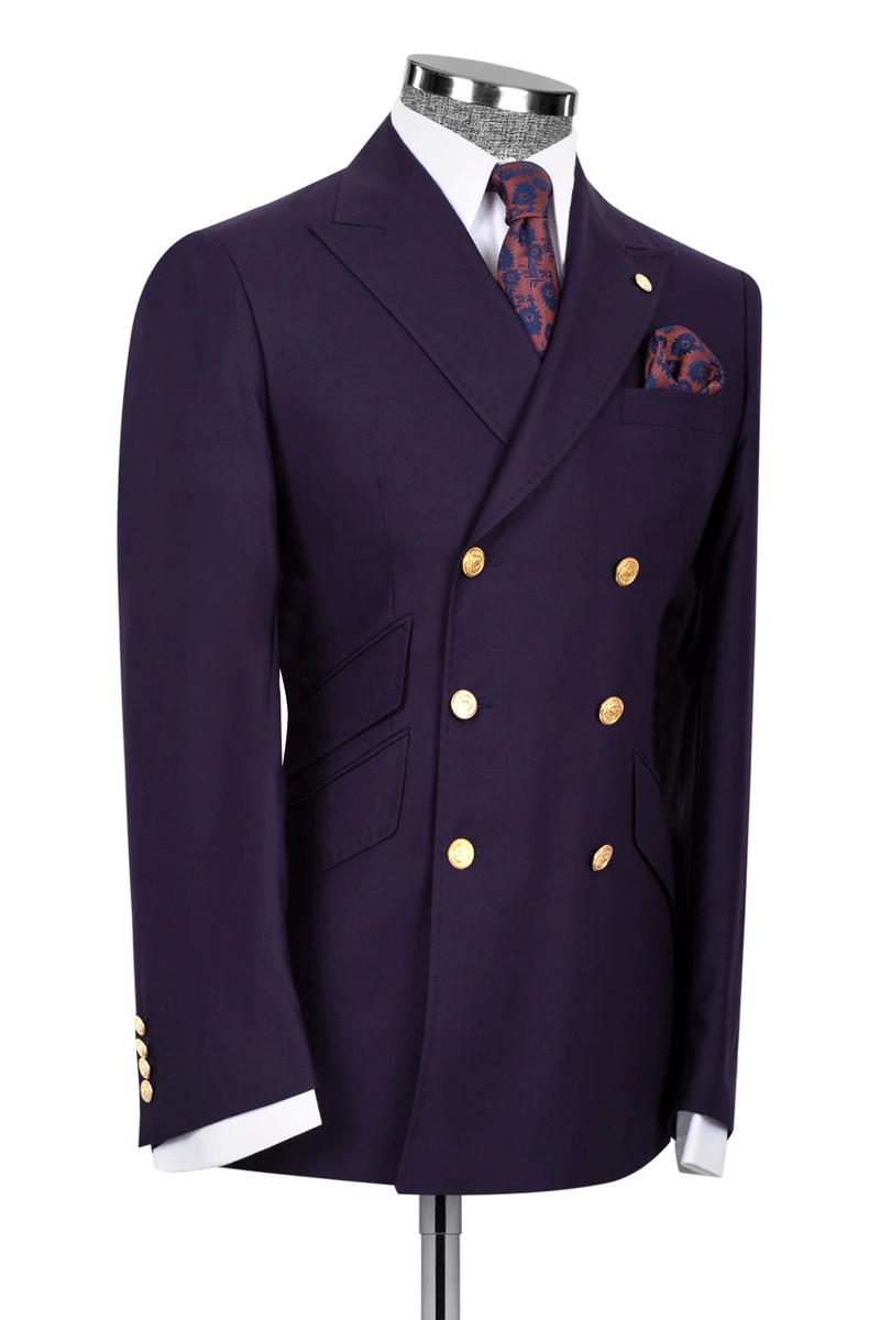 Dark Purple Wool Blend Double-Breasted Six-Button Suit with Scoop Neck