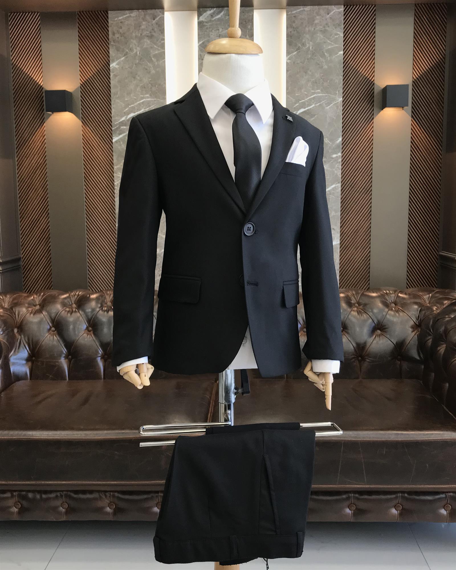 Italian Style Black Slim Fit Boys' Suit with Notch Lapel