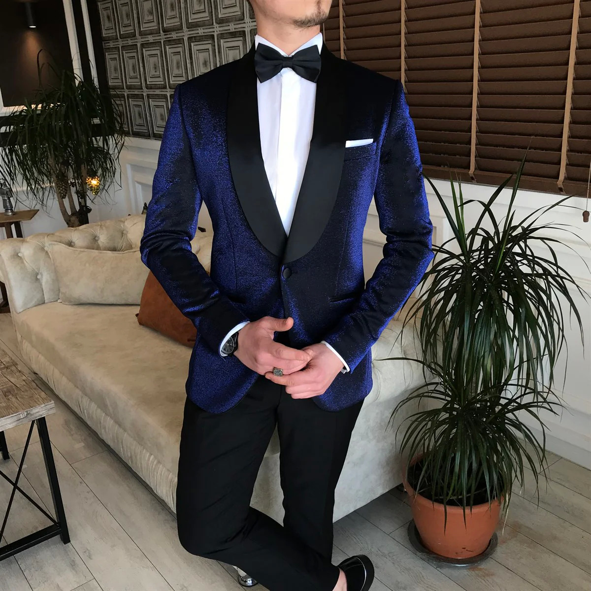 Luciano Shiny Navy Shawl Lapel Wedding Suit with Black Lapel