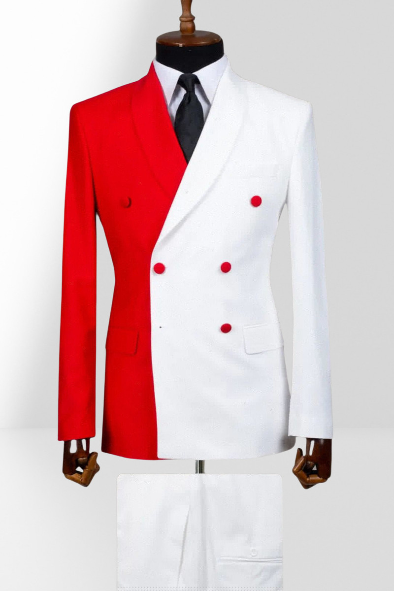 Red and White Double-Breasted Slim Fit Two-Piece Suit with Shawl Collar