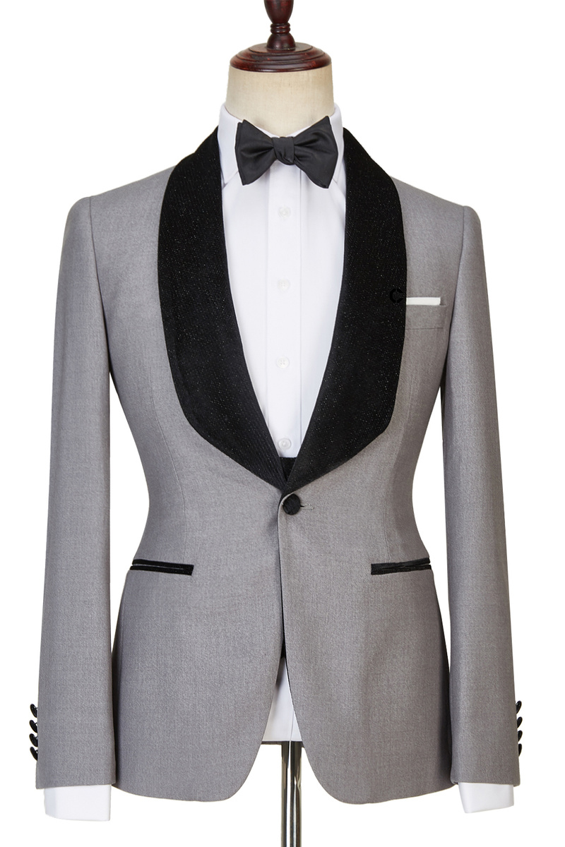 Robert Light Grey One-Button Shiny Shawl Lapel Three-Piece Wedding Suit