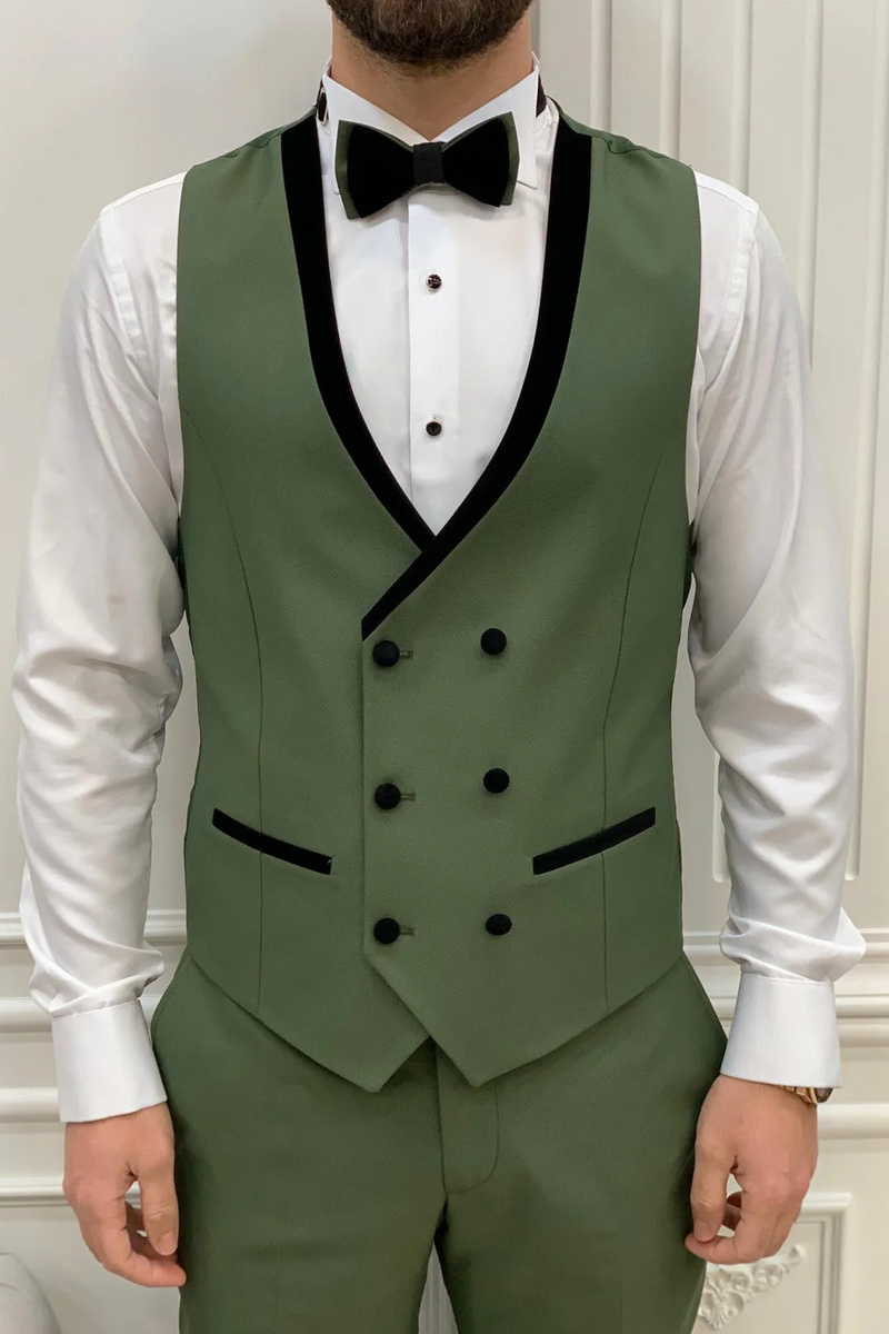 Allen Light Green Velvet Slim Fit Three-Piece Tuxedo with Shawl Lapel