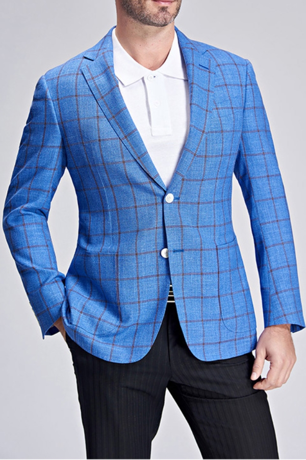 Brown Check Bright Blue Casual Blazer With Patch Pockets