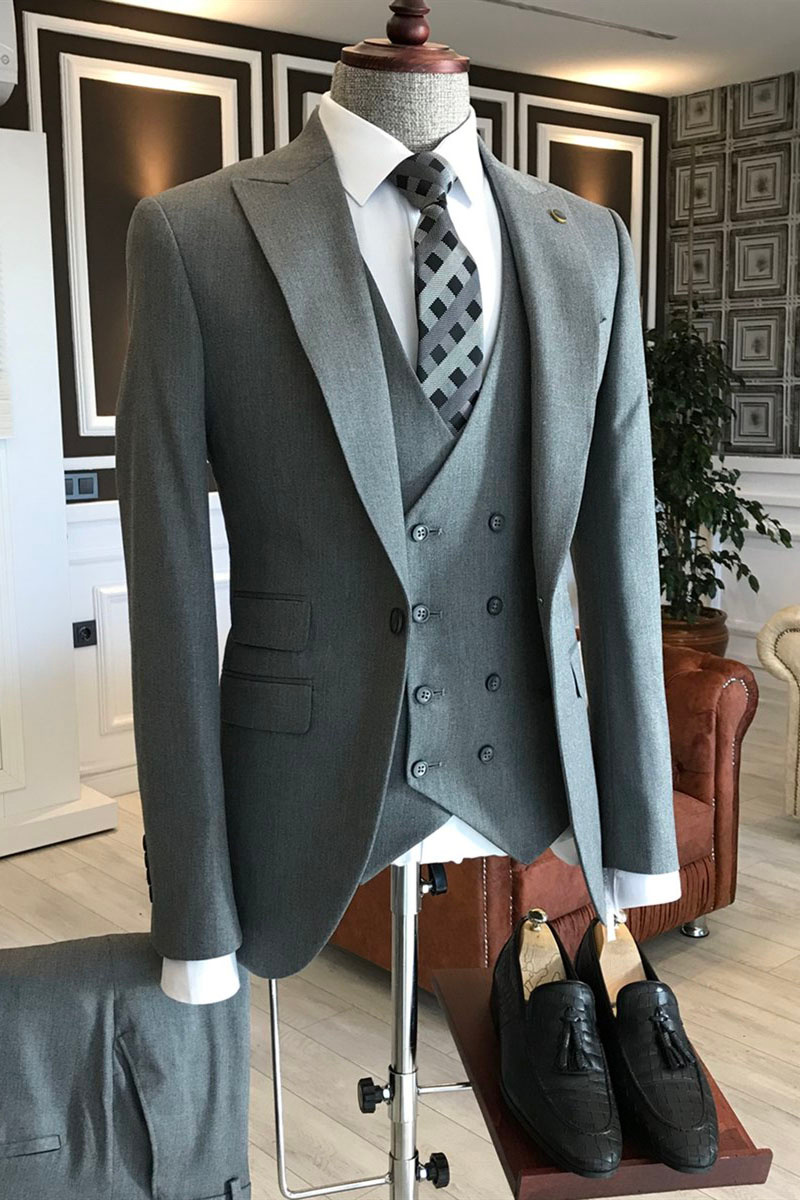 Levi Light Grey Three-Piece Point Lapel Slim Fit Business Suit