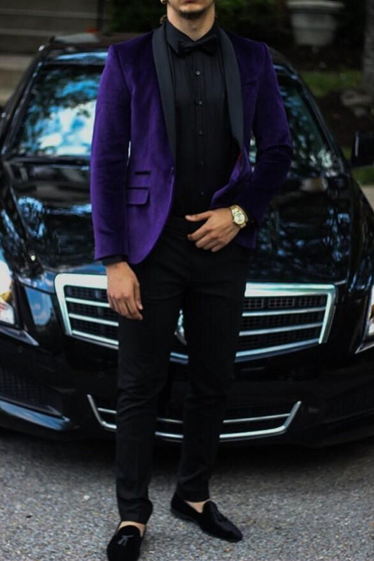 Purple Velvet Prom Suit Black Lapel Two Piece Men Suit