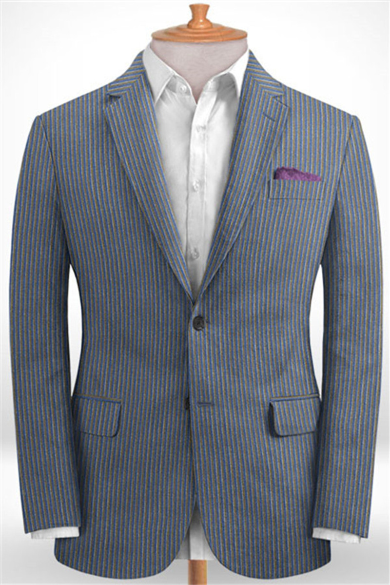 Blue Notched Lapel Suit for Sale Modern Slim Fit Striped Tuxedo