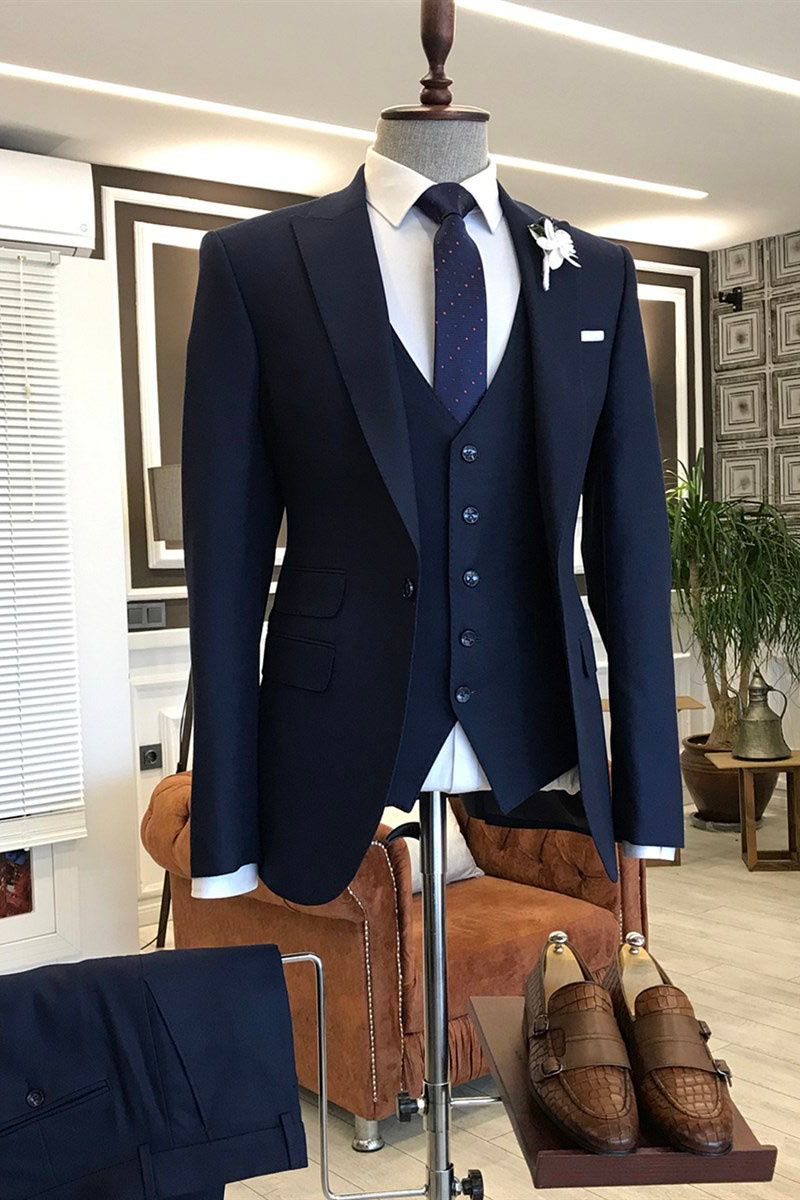 Kelly Formal Three Piece Solid Navy Blue Pointed Lapel Business Suit