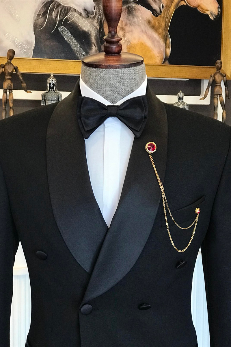 Abner Fashion Black Double-Breasted Slim Fit Men's Suit with Cape Lapel