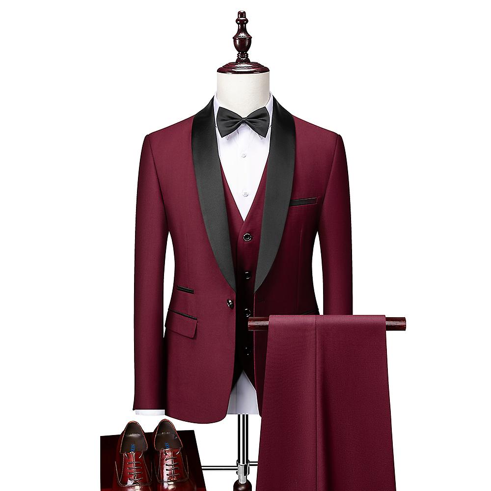 Burgundy Shawl Lapel Wedding Tuxedo Suit Prom Men Suits 3 Pcs