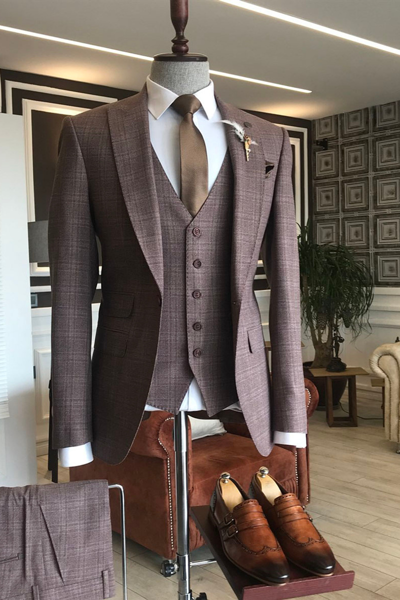 Hale Burgundy Check Three Piece Slim Fit Custom Business Suit