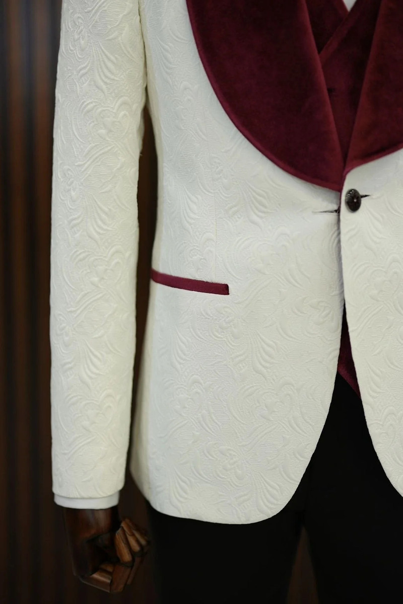 bella Burgundy Velvet Shawl Lapel Jacquard Slim Fit Three-Piece Tuxedo