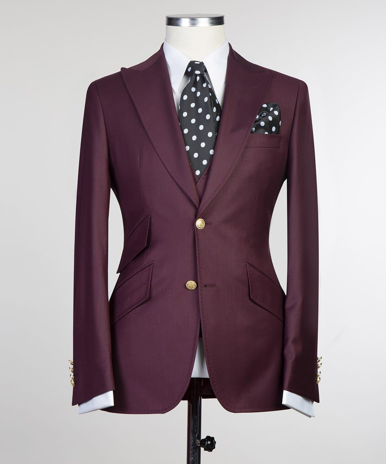 Fashion Burgundy Three-Piece Peaked Lapel Suit