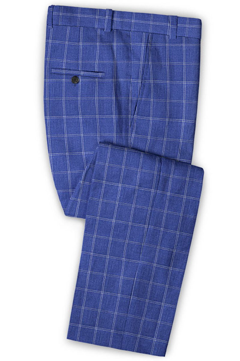 Ocean Blue Check Linen Suit Notched Lapel Slim Fit Tuxedo