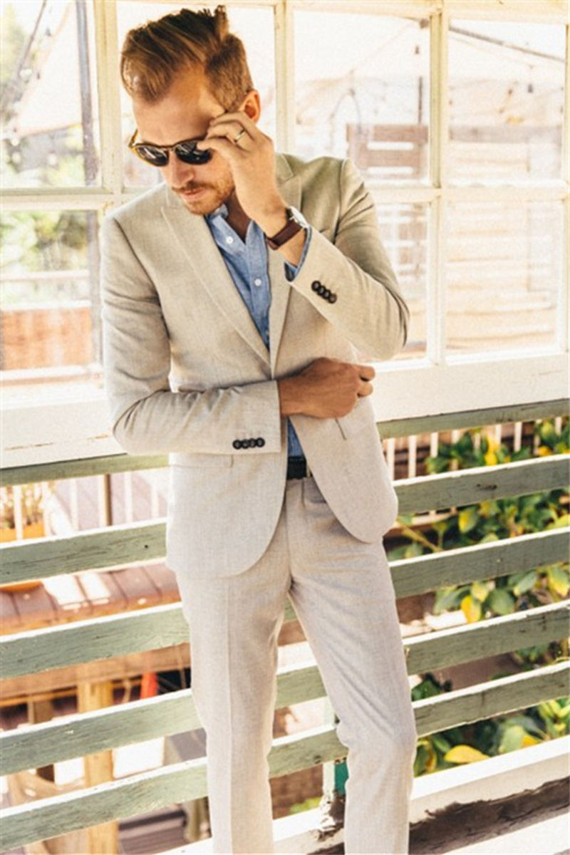 Ivory Linen Wedding Suit Two-Piece Slim Groom Prom Tuxedo