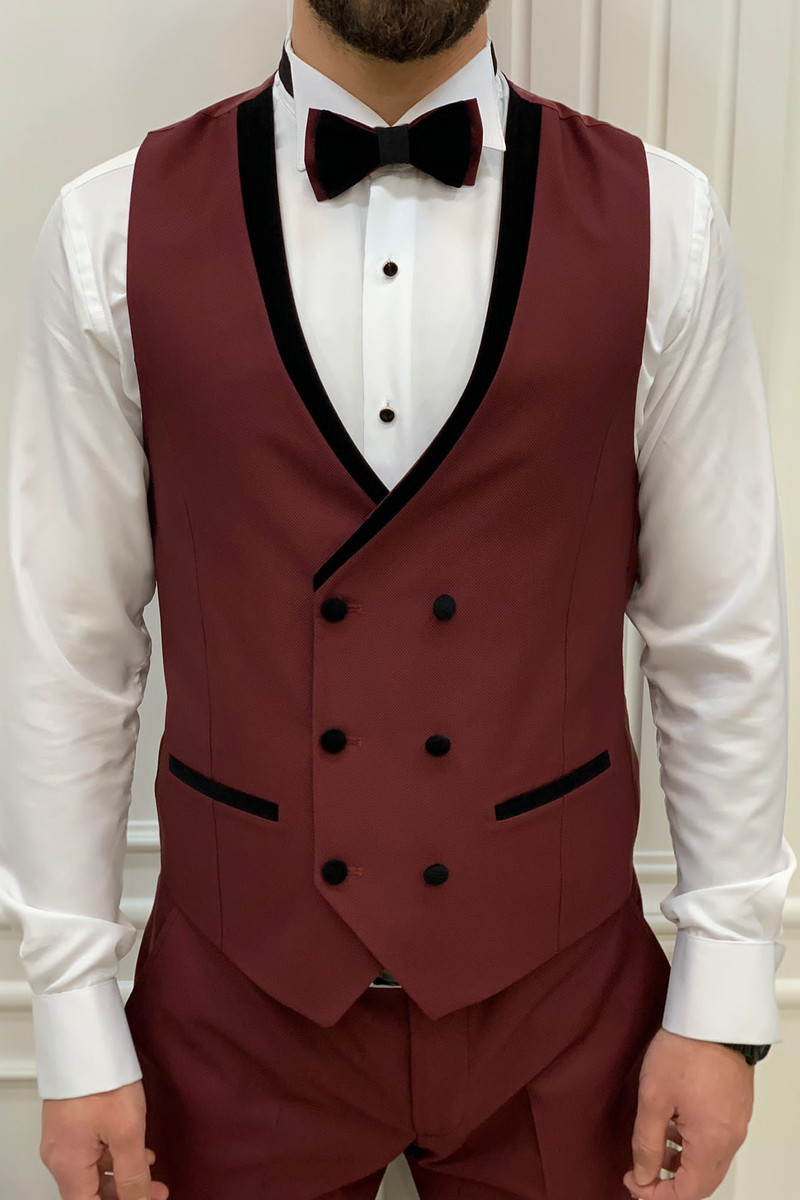 Modern Fashion Burgundy Velvet Slim Fit Three-Piece Tuxedo with Peak Collar