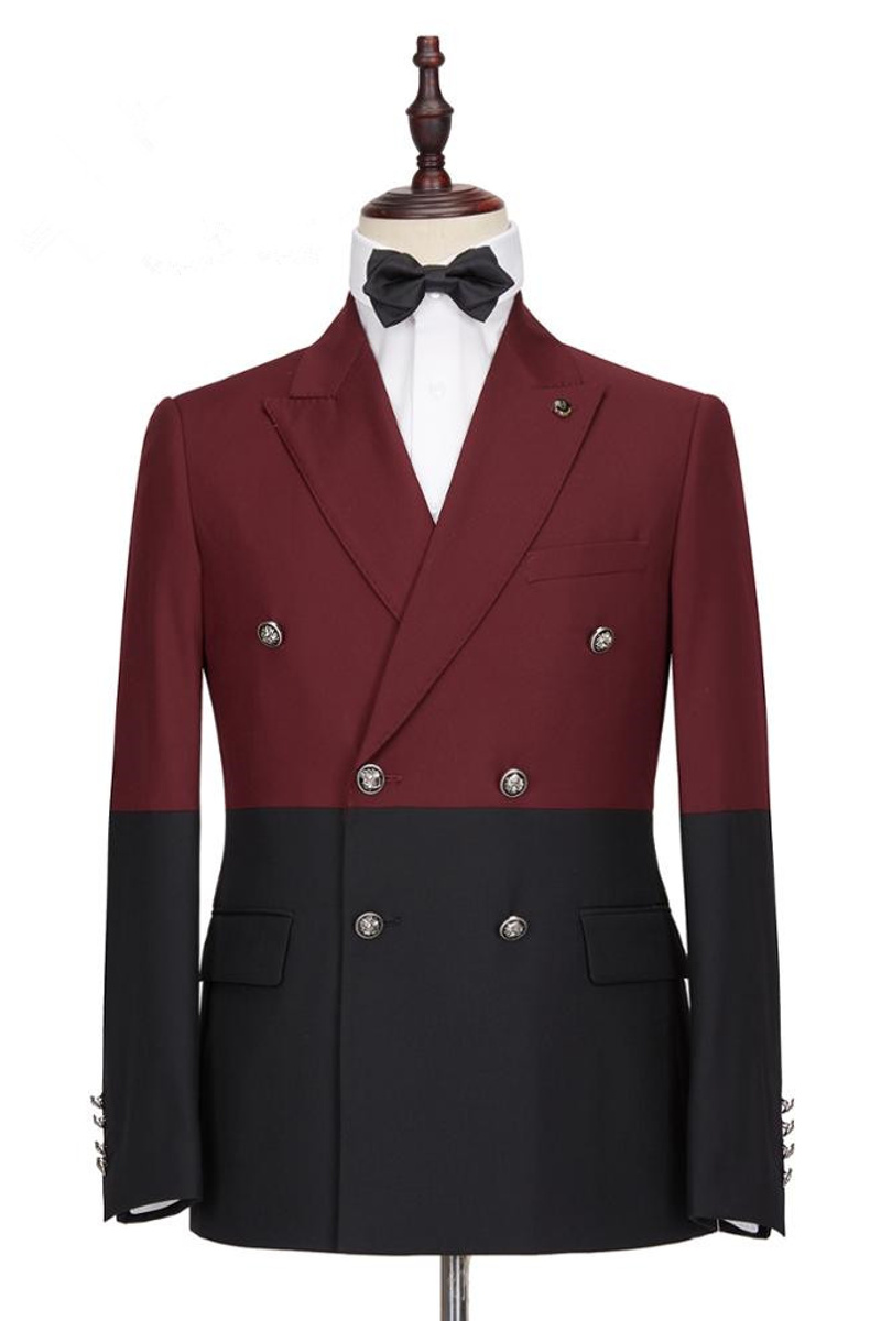 Emmanuel Stylish Burgundy And Black Double Breasted Point Lapel Men Suit For Prom