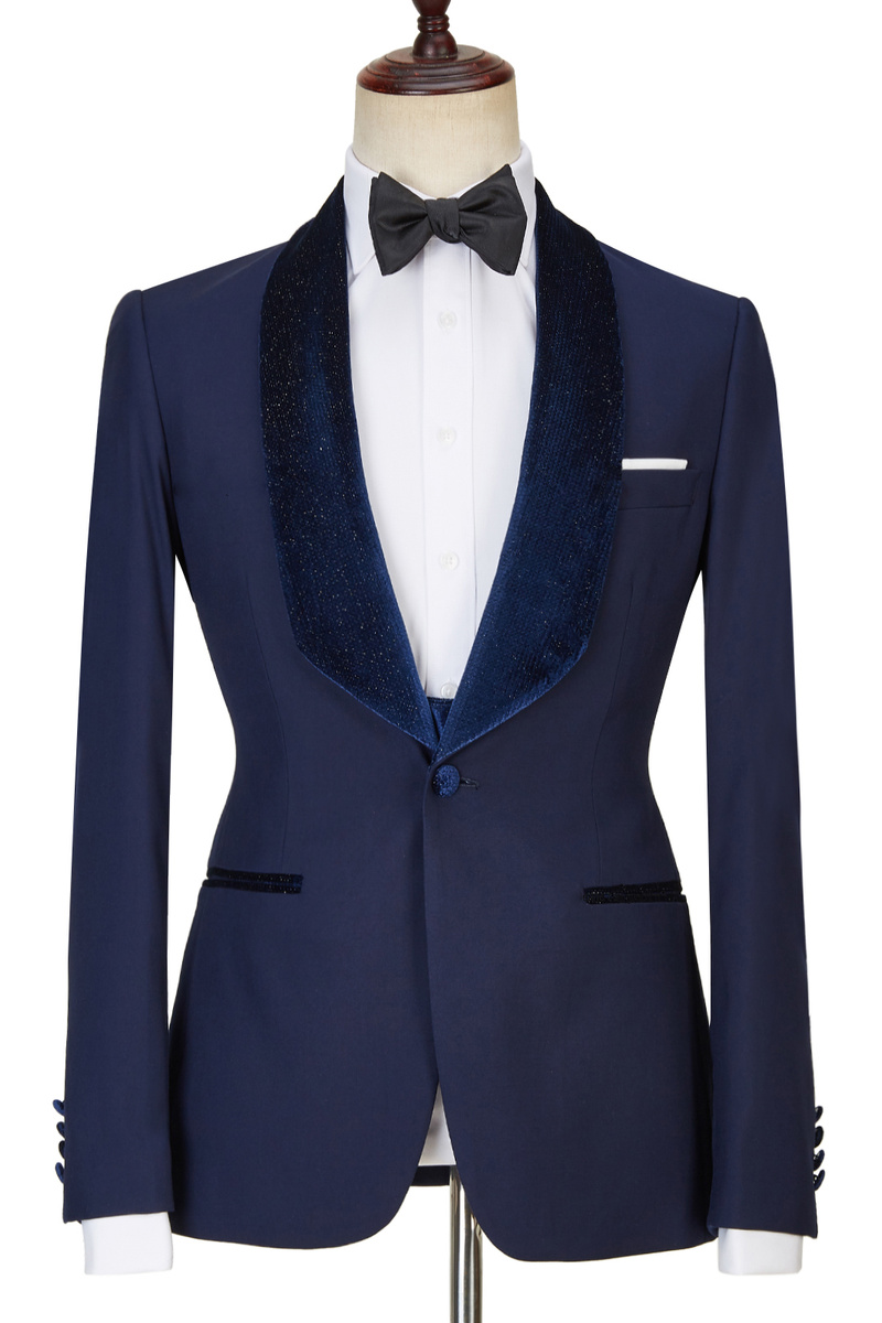 Dylan Design Navy Blue Velvet Best Fit Three-Piece Sparkling Suit