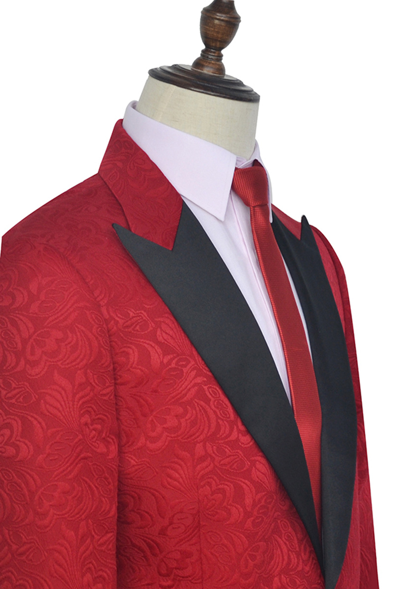 Unique Men Suit In Bright Red Jacquard With Pointed Lapels And Black Silk