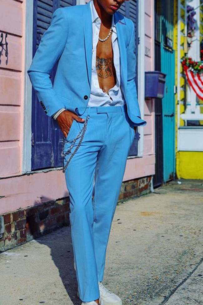 Noe Blue Shawl Lapel One Button Slim Fashion Prom Men Suit