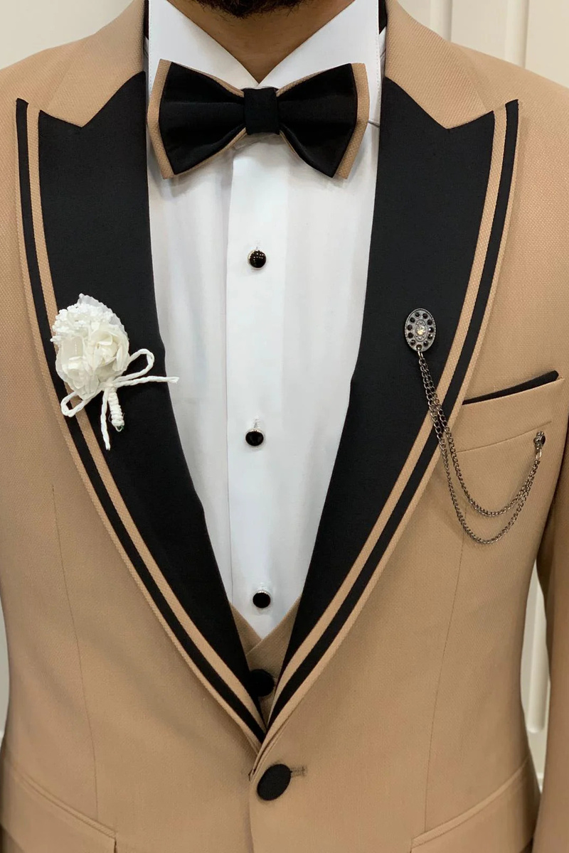 Italian Gold Slim Striped Peak Lapel Three-Piece Tuxedo