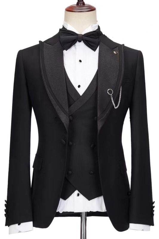 Chic Black Peak Lapel Three-Piece Prom Suit