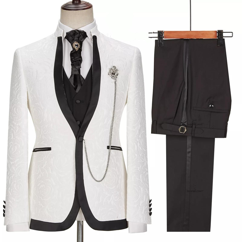 White Jacquard One-Button Three-Piece Slim Wedding Suit