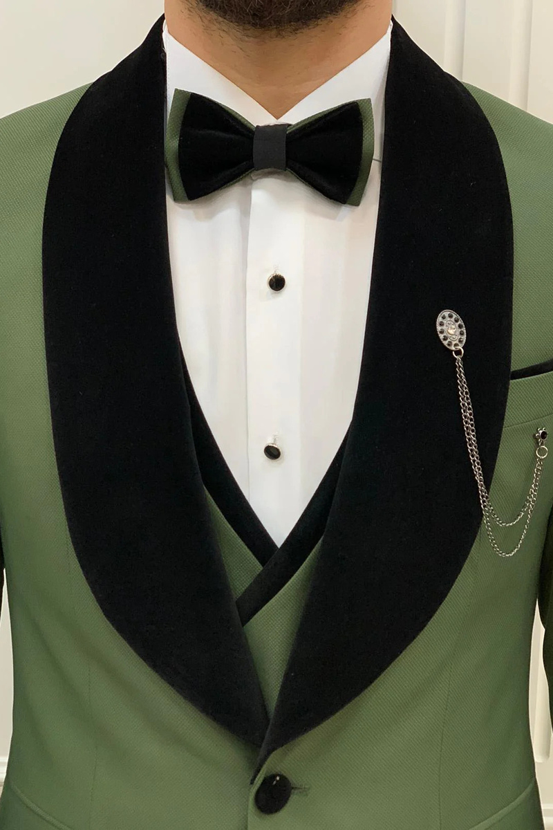 Allen Light Green Velvet Slim Fit Three-Piece Tuxedo with Shawl Lapel