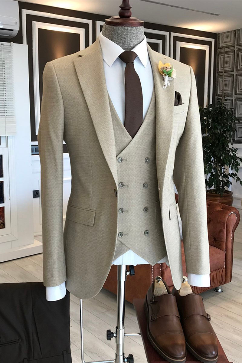 Hot Light Brown Notched Lapel Two Flap Double Breasted Vest Business Suit