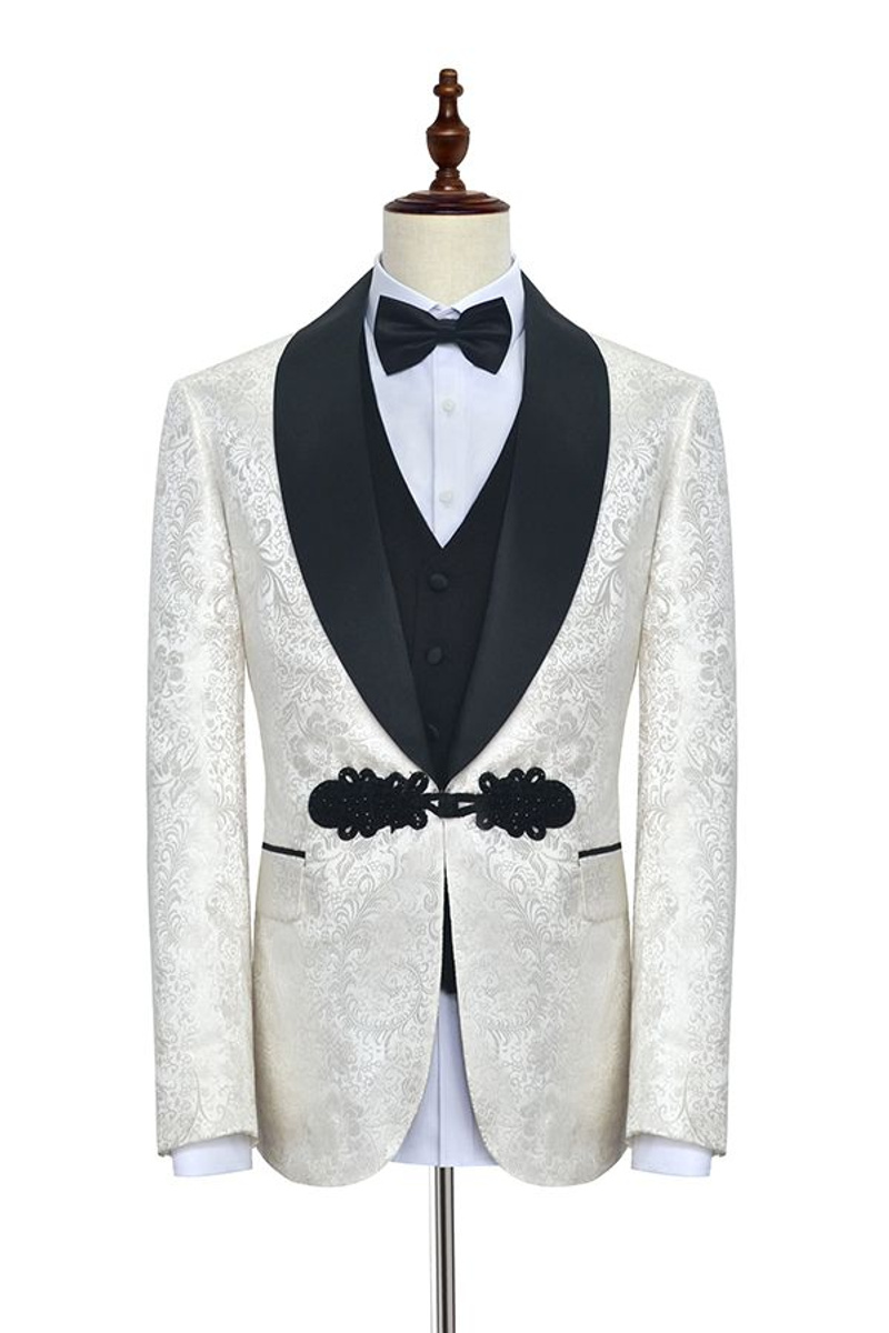 Fashion Knit Buttons Black Shawl Lapel Three-Piece White Jacquard Wedding Tuxedo